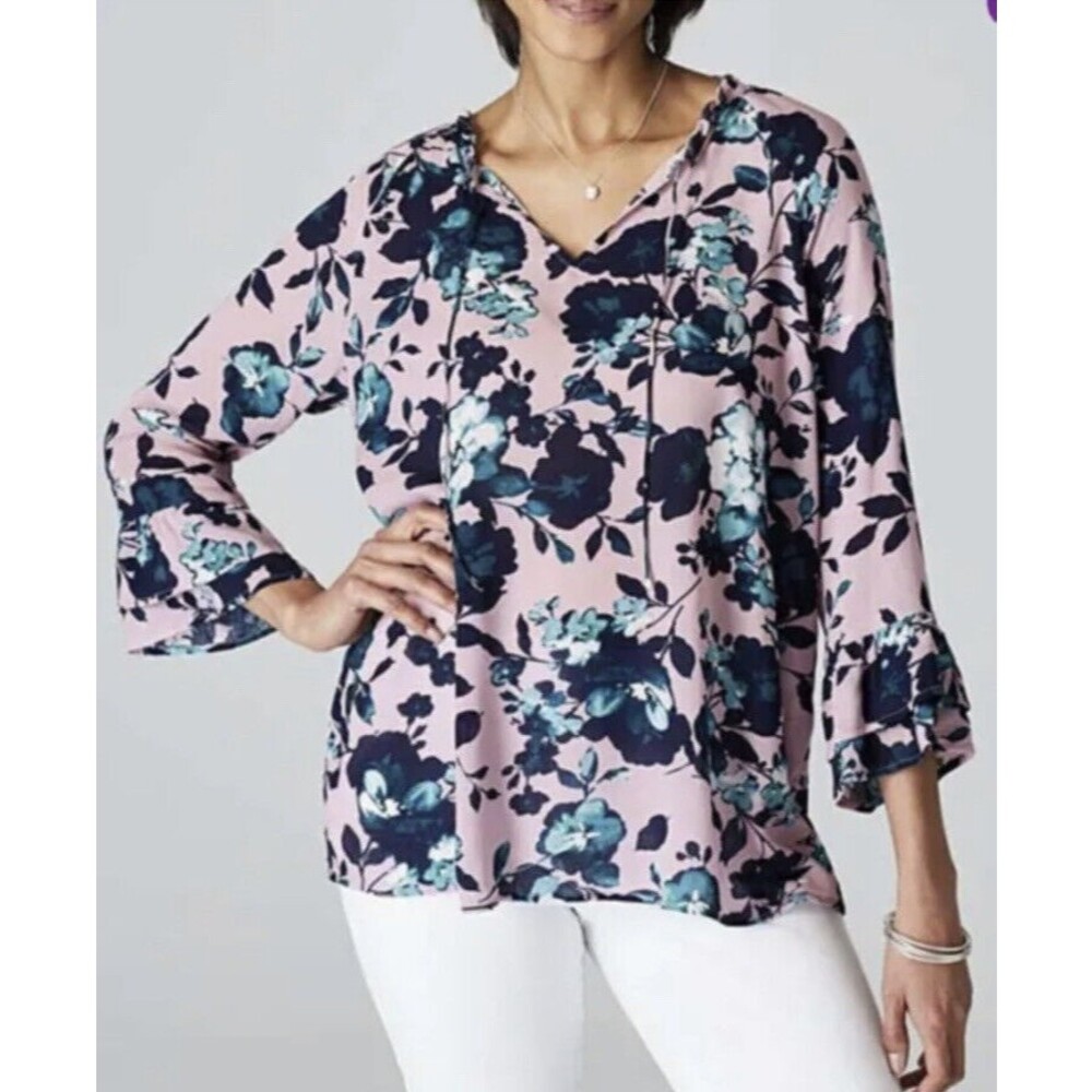 J. Jill Mauve Floral Blouse Size XL 3/4 Sleeve Ruffle Pink Tunic Top Flowy Light
